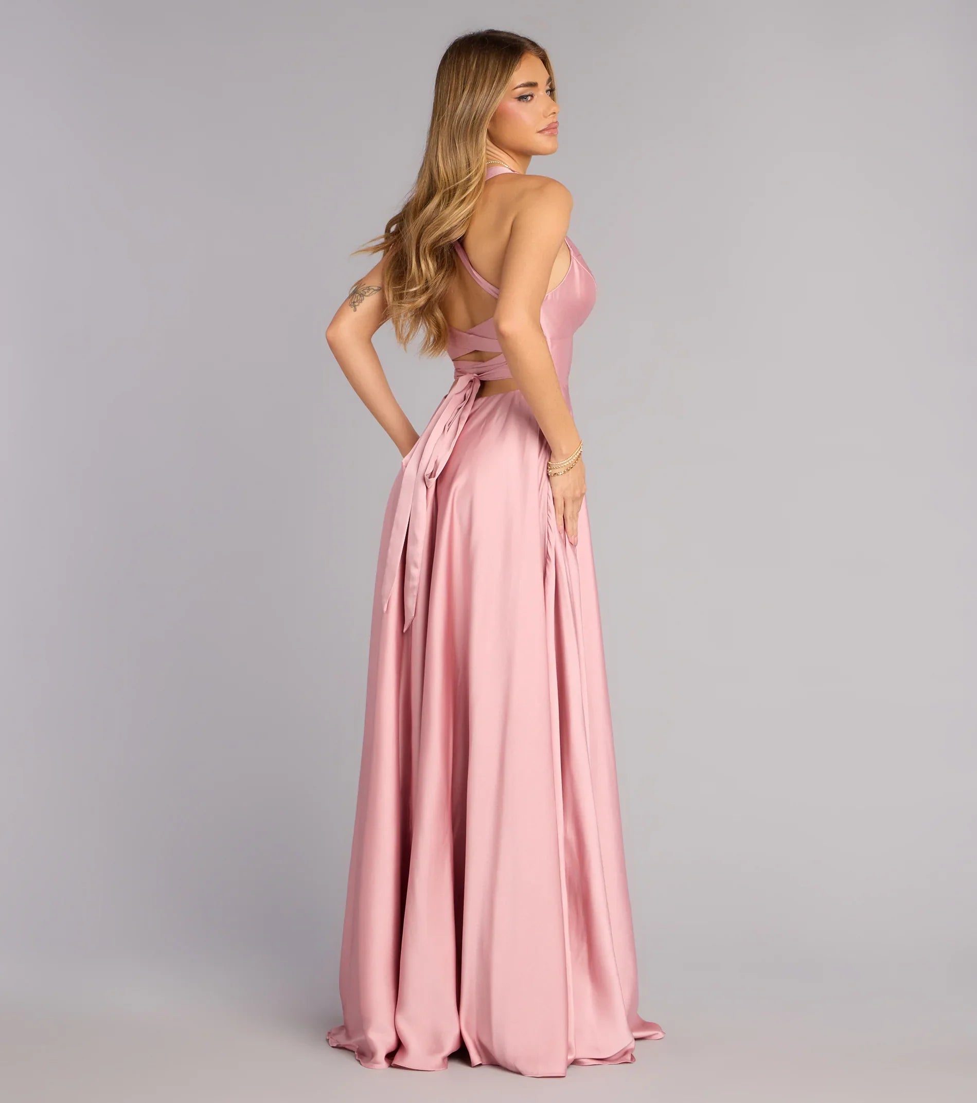 Abbey Lace-Up Slit A-Line Satin Formal Dress